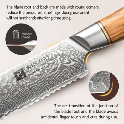 XINZUO Conjunto de Facas de Cozinha 1-8 Peças Aço Damasco Personalizado 73 Camadas Lâmina de Aço 15°±1 Por Lado com Cabo de Madeira de Oliveira