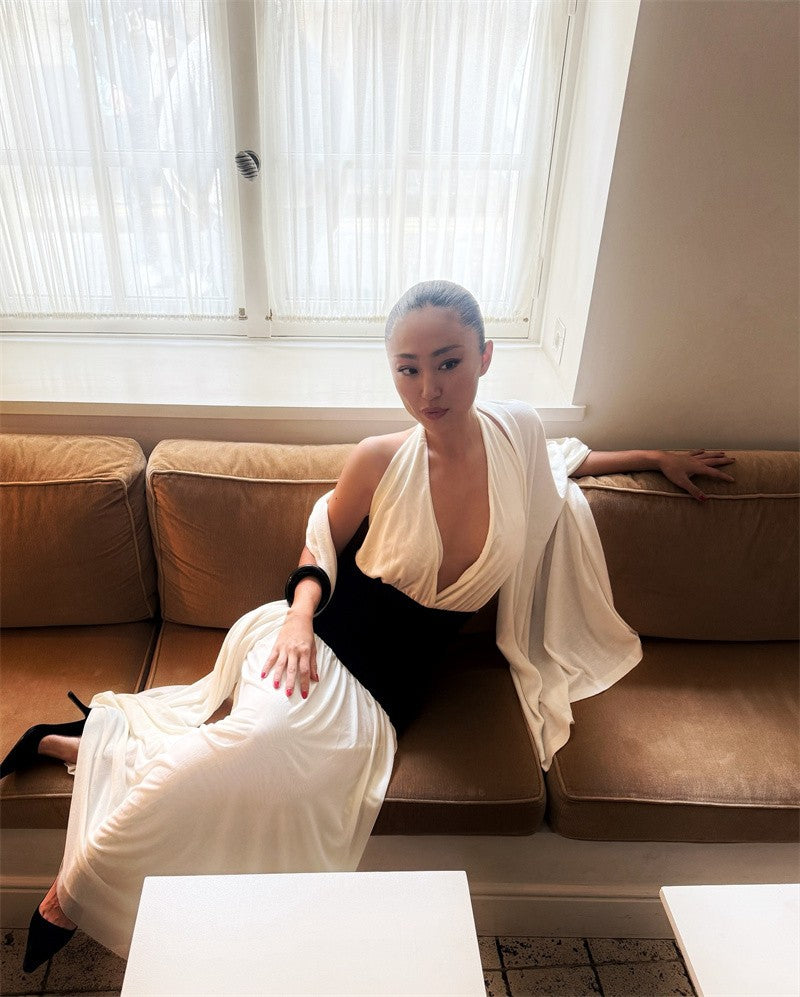 Mozision Patchwork Halter Backless Sexy Maxi Dress Women Gown Elegant Deep V Neck Sleeveless High Waist Bodycon Club Party Dress