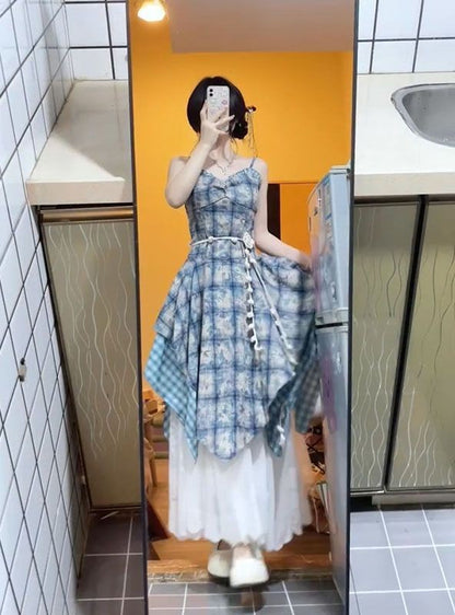 Watercolor Gingham Slip Dress Women 2025 Summer Sweetheart Aesthetic Asymmetric Tie Waist A Line Dreamcore Romance