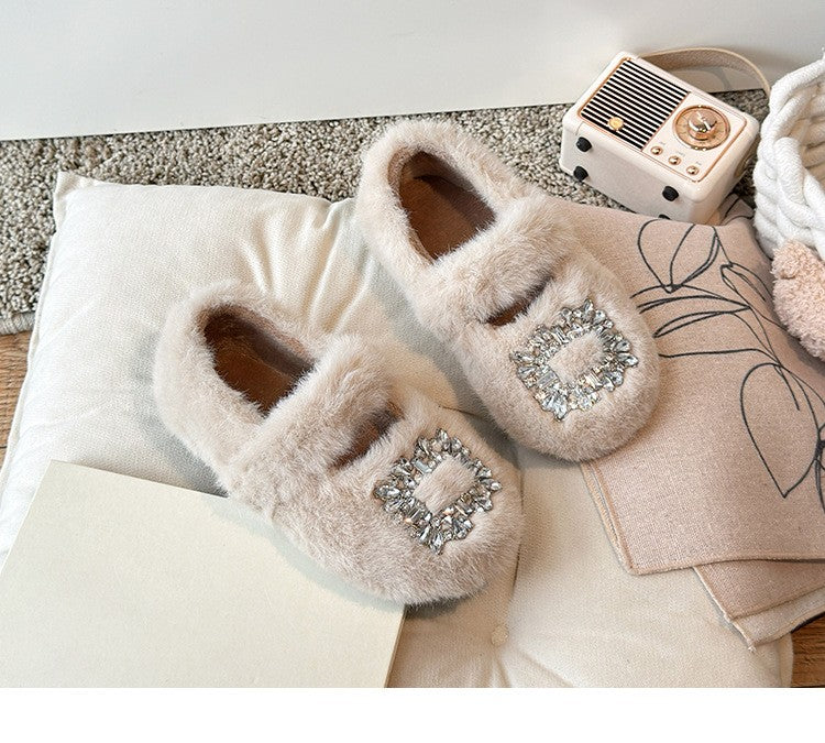 2025 Autumn Winter Children Warm Fur Shoes Fashion Rhinestone Moccasins Flats Outwear Girls Shoes Khaki, Beige, White