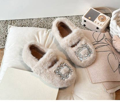 2025 Autumn Winter Children Warm Fur Shoes Fashion Rhinestone Moccasins Flats Outwear Girls Shoes Khaki, Beige, White