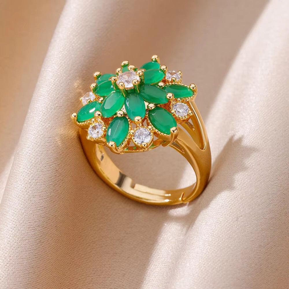 Anéis de Luxo em Aço Inoxidável Banhado a Ouro Pedra Colorida Zircônia Cristal Coração Anel Feminino Casamento Joias Boho Presente de Natal