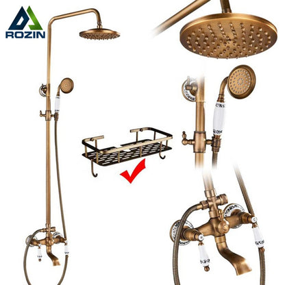rozin Antique Brass Shower Faucet Set Bathroom Shower Column with Shelf Rainfall Hot Cold Water Mixer Tap Handhold Shower Faucet