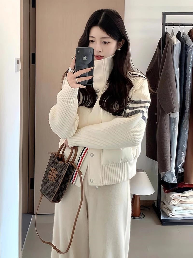 Little Women's Wear Knitted Stitching Coat Down Cotton-padded Short Female 2025 Winter Casual Jacket Loose Collar Thick Overwear
