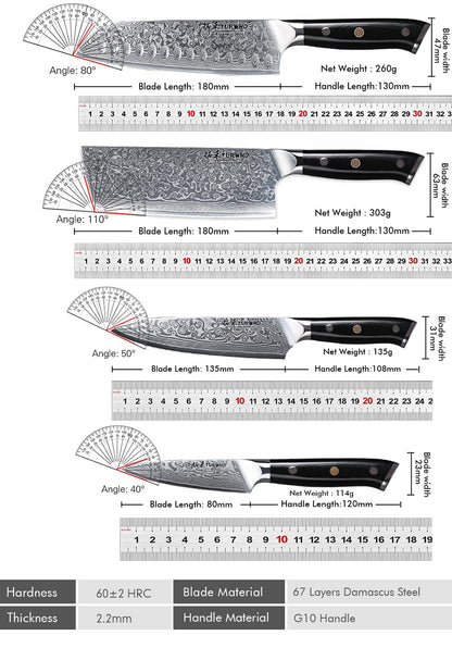 TURWHO Chef Knife 1-5 PCS Kitchen Knives Set 67 Layer Damascus Steel Japanese Nakiri Santoku Cleaver Slicing Bread Utility Knife