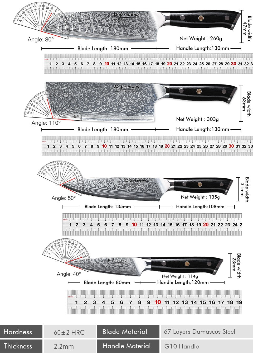 TURWHO Chef Knife 1-5 PCS Kitchen Knives Set 67 Layer Damascus Steel Japanese Nakiri Santoku Cleaver Slicing Bread Utility Knife