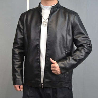 Men's Stand Collar Slim Fit Autumn Winter New Haining Leather Jacket Men's Middle-aged Plus Velvet Thickening