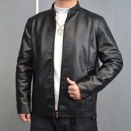 Men's Stand Collar Slim Fit Autumn Winter New Haining Leather Jacket Men's Middle-aged Plus Velvet Thickening