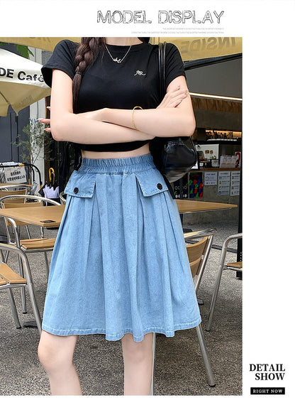 Casual Summer Plus Size Midi Denim Skirts Woman Preppy Loose A-line Ruffles Skirt With Shorts Elastic Waist Jeans Skirts Women