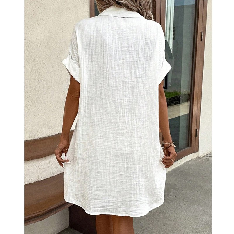 Fashion Women Summer Short Sleeve Shirt Dress Elegant Loose Simple Pockets Offic