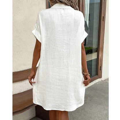 Fashion Women Summer Short Sleeve Shirt Dress Elegant Loose Simple Pockets Offic