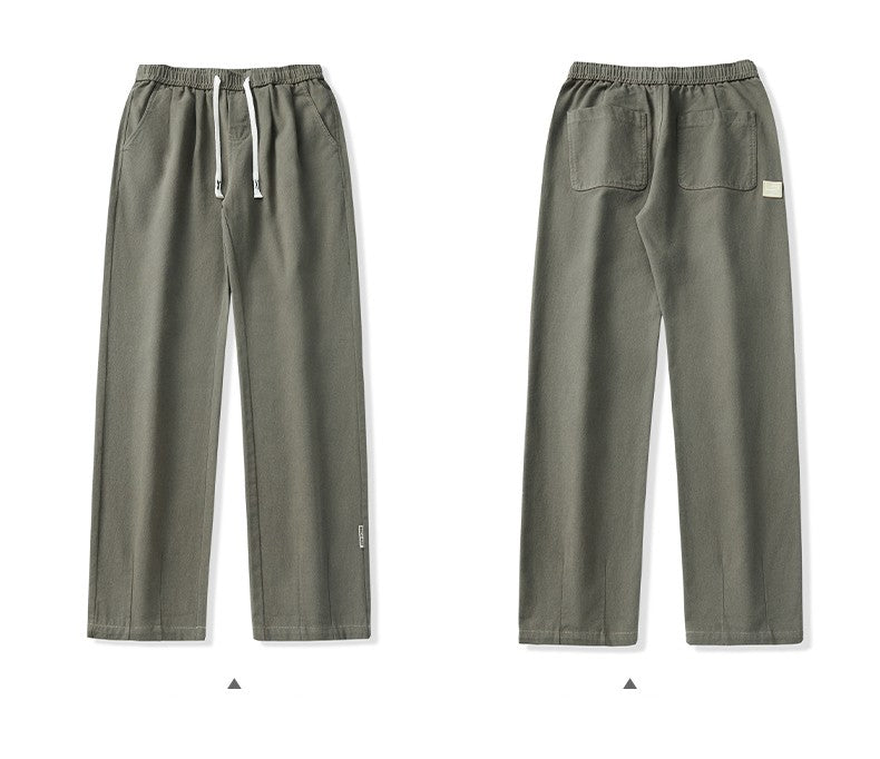 100% Cotton Men's Loose Wide Leg Pants Elastic Waist Fashion ArmyGreen Khaki Korean Streetwear Autumn Straight Trousers