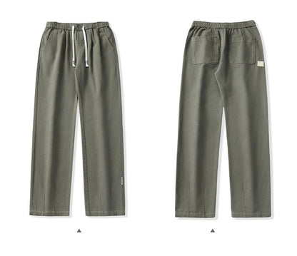 100% Cotton Men's Loose Wide Leg Pants Elastic Waist Fashion ArmyGreen Khaki Korean Streetwear Autumn Straight Trousers