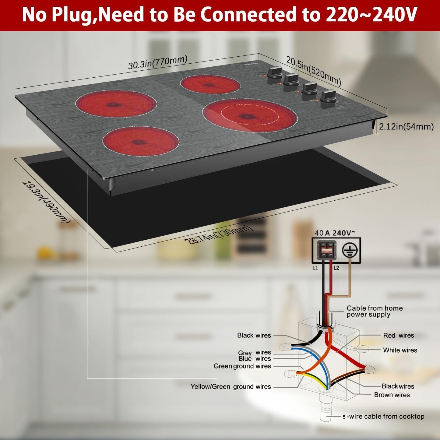Karinear 4 Burners Ceramic Electric Cooktop, Knob Control, Beautiful Wooden Pannel, 30" Built-in,6700W, 220-240v Hard Wired