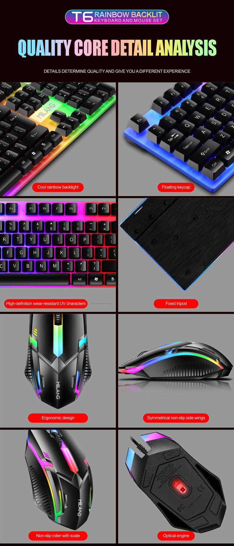 Teclado e Mouse com Fio e Retroiluminação Rainbow, Teclado com Teclas Flutuantes Forte, Resistente ao Desgaste, Sensação Confortável para Escritório Comercial