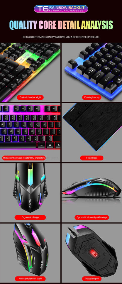 Teclado e Mouse com Fio e Retroiluminação Rainbow, Teclado com Teclas Flutuantes Forte, Resistente ao Desgaste, Sensação Confortável para Escritório Comercial