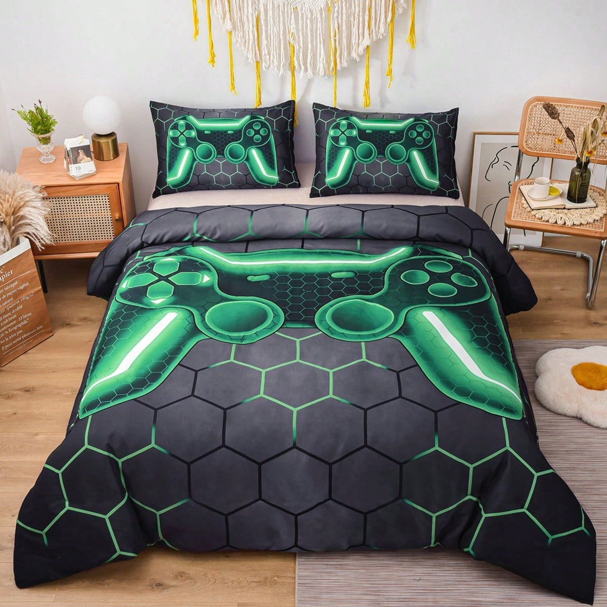 Game Console Duvet Cover Set for Boys Girls 3D Gaming Geometric Lightweight Microfiber Bedding Sets 1*Duvet Cover + 2*Pillowcase