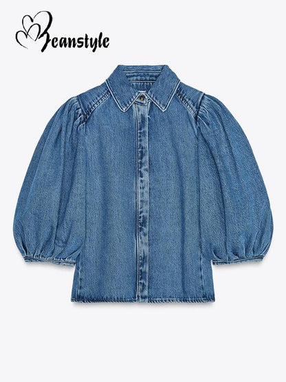 Fashion Denim Women Short Shirt Lapel Half Puff Sleeve Pleated  Turn-down Collar Solid Female Top 2025 Autumn Lady Shirts