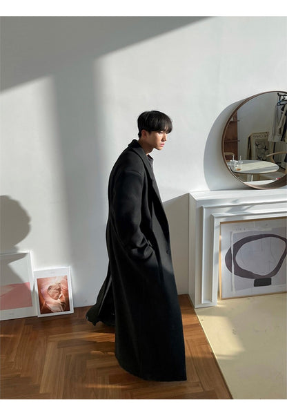 Mauroicardi Autumn Winter Extra Long Warm Black Loose Casual Wool Blends Coat Men Luxury Floor Length Overcoat Korean Fashion