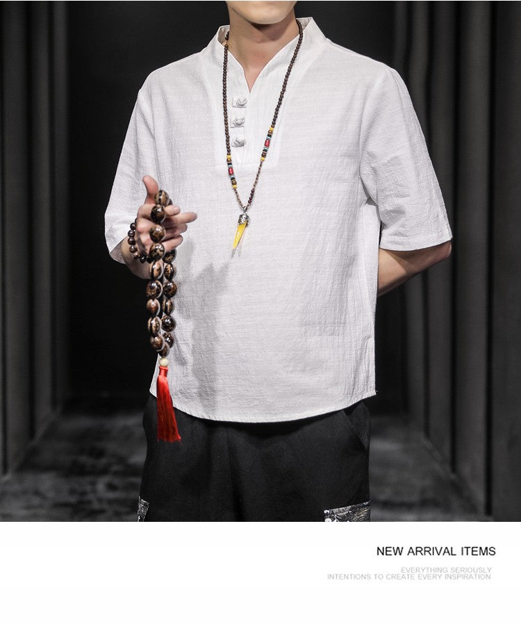 2023 Men Summer Cotton Linen Tang Shirt Men Chinese Style Button Short-Sleeved Shirts Male Blouse Vintage Kung Fu Hawaiian Shirt