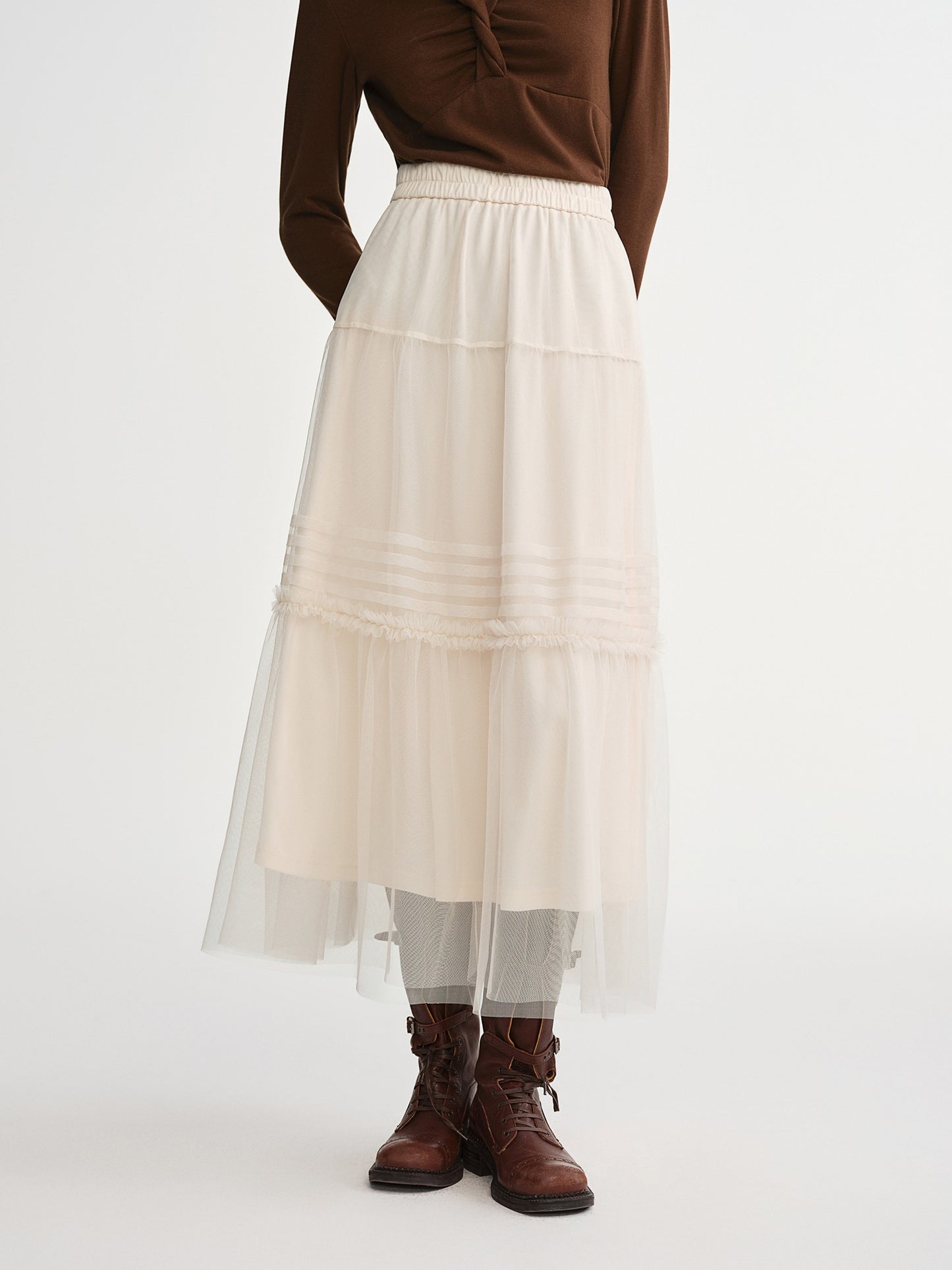 DUSHU Three-color Ruffled Mesh Skirt Women Pleated Mesh Straight Skirt Fairy Retro Gothic Cool Girls Elastic Waist Loose Fit