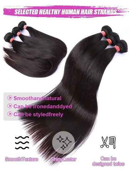 Cabelo Humano Liso de 26 28 30 Polegadas, Pacotes de Cabelo Virgem Brasileiro Remy Cru, Trama de Extensão 100% Não Processada, Preto Natural para Mulheres