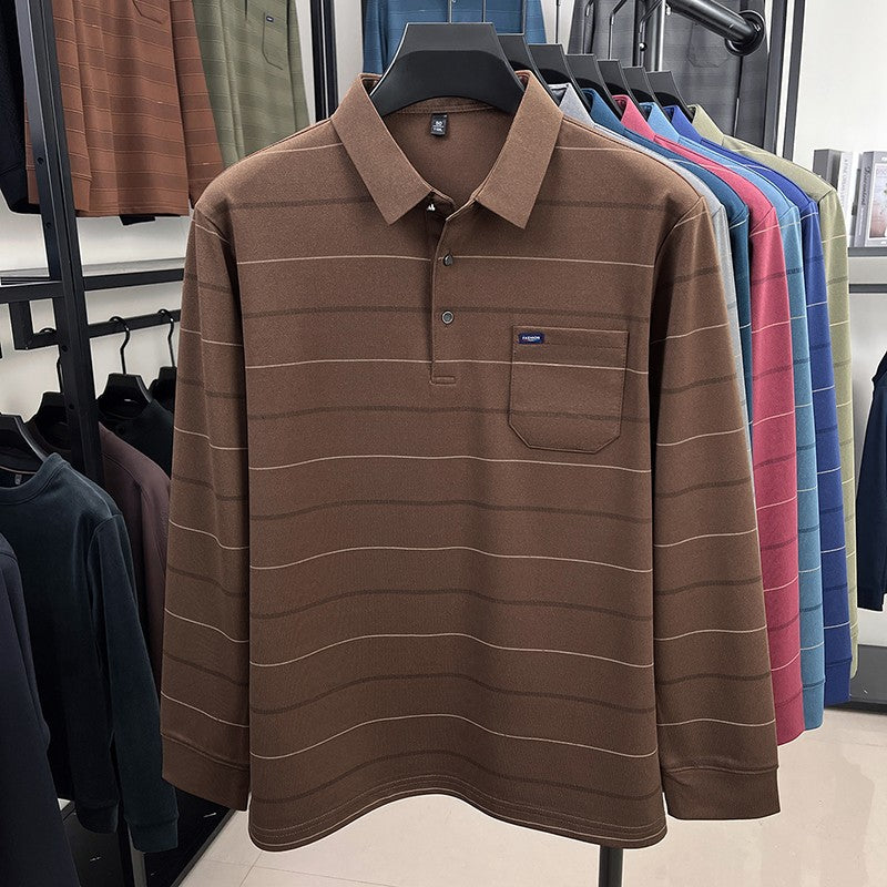 2025 long sleeved men's spring and autumn collar striped pullover top with loose pockets polo shirt