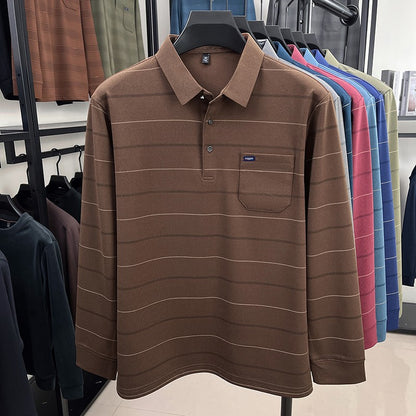 2025 long sleeved men's spring and autumn collar striped pullover top with loose pockets polo shirt