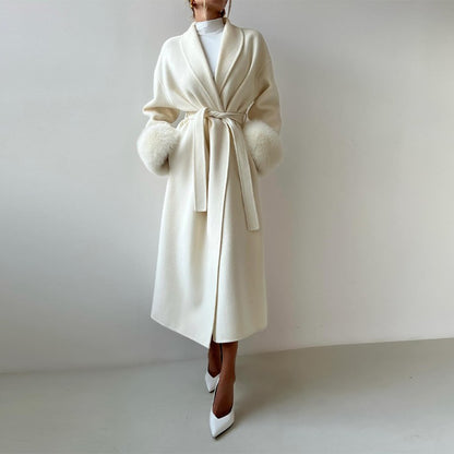 Elegant Faux Fur Cuffs Woolen Coat With Belt For Women Fashion Lapel Long Sleeve Lace Up Maxi Jacket Lady 2025 Autumn Outerwear