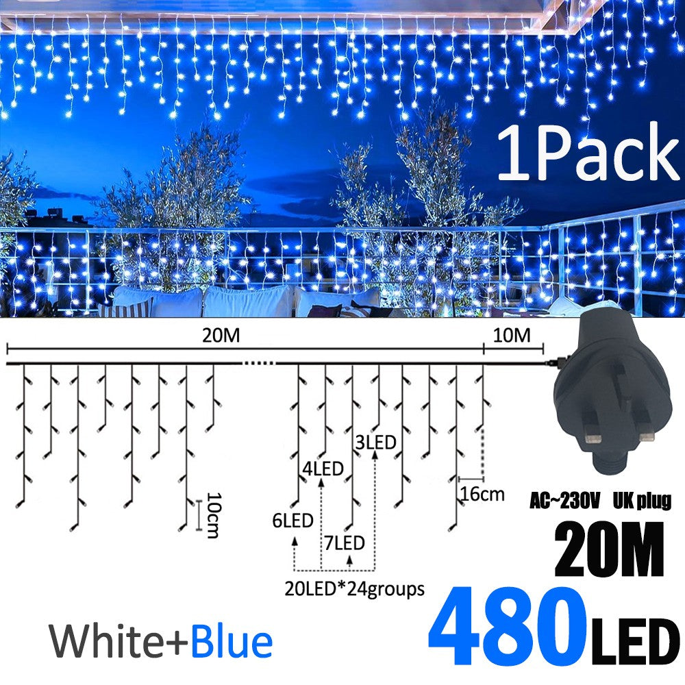 LED Christmas Icicle Curtain String Lights 20M+10M 480LED Extens 8Modes, Plug in Waterproof for Wedding Party Home Garden