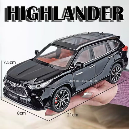 Miniaturas de carros Highlander RAV4 em liga fundida escala 1:24, com som, luz, portas que abrem, função de fricção e absorção de choque – Presente para meninos