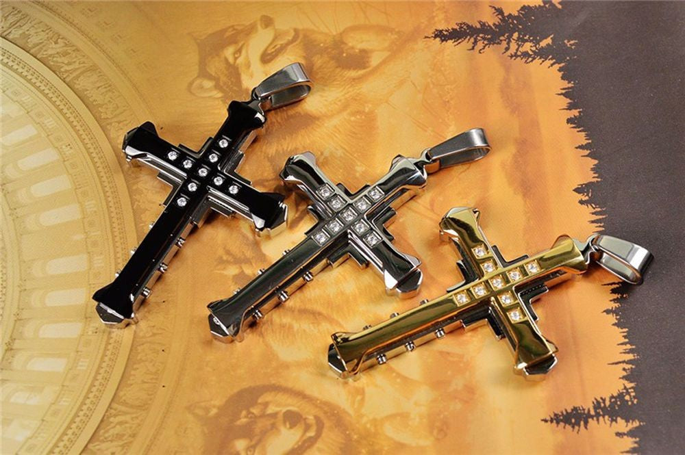 SUMENG 2025 Novo Colar Masculino de Aço Inoxidável com Pingente de Cruz de Cristal Jesus nas Cores Dourado/Preto/Azul e Zircônia