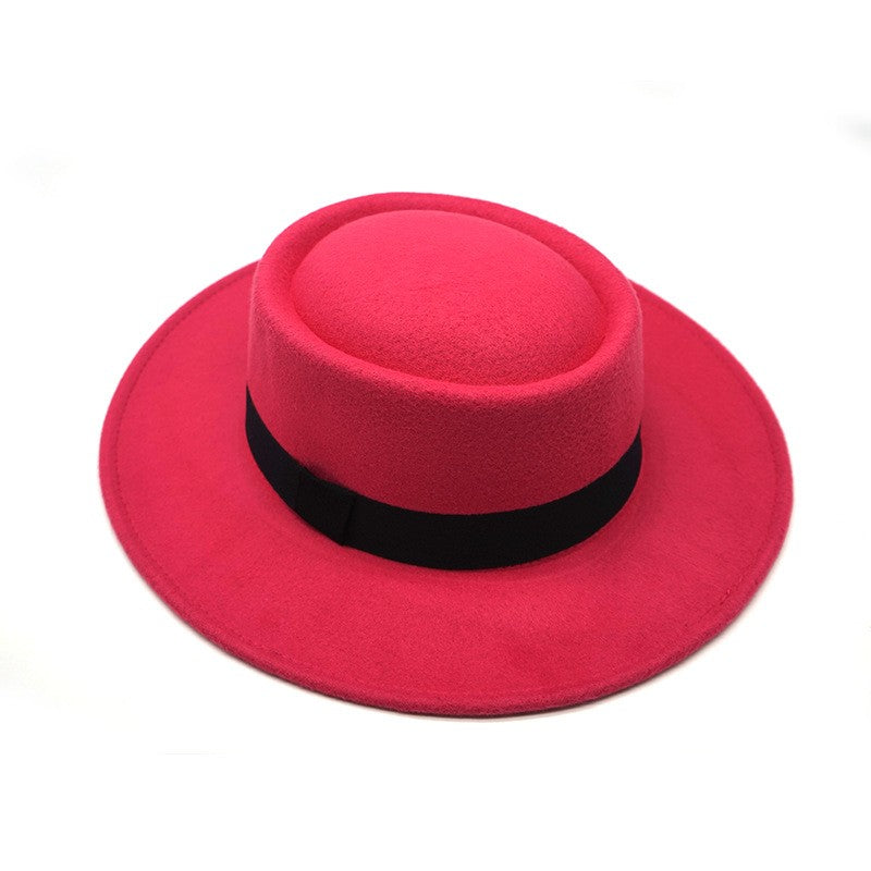 Red fedora hat men's flat top hat ladies felt jazz hat oval hat Panama new hip-hop fedora hat flat brim wholesale