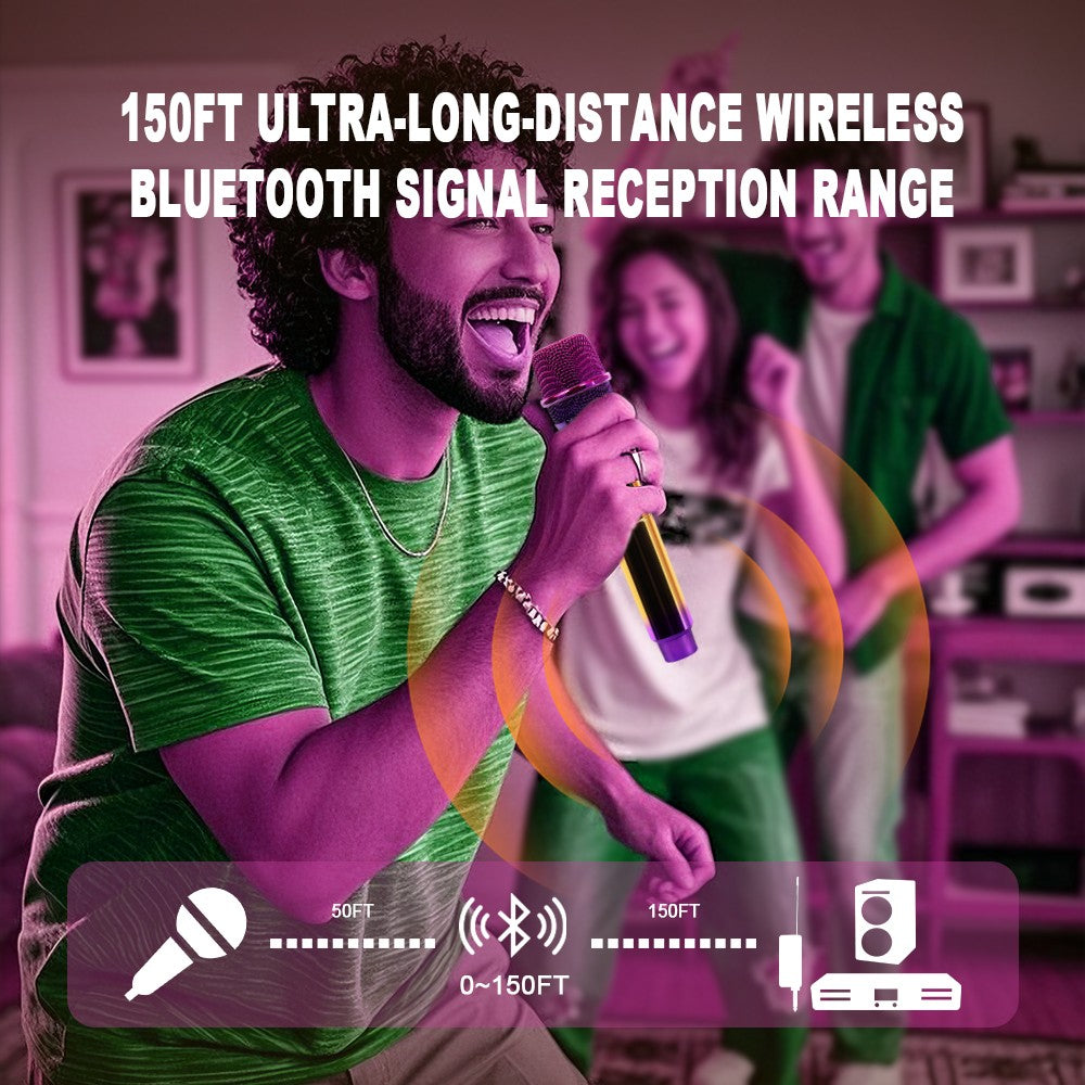 Sistema de Microfone Sem Fio para Karaokê e DJ, Profissional, 2 Canais, com Microfone Roxo Colorido e Receptor Sem Fio Recarregável para Festas e DJs