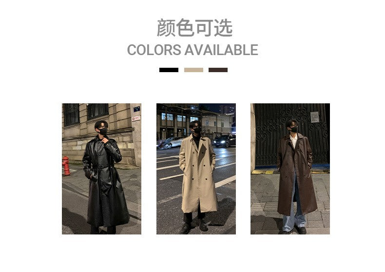 Autumn Trench Coat Men's High-end Luxury Double Row PU Leather Coat Male Long Korean Style Windbreaker Motorcycle Leather Jacket