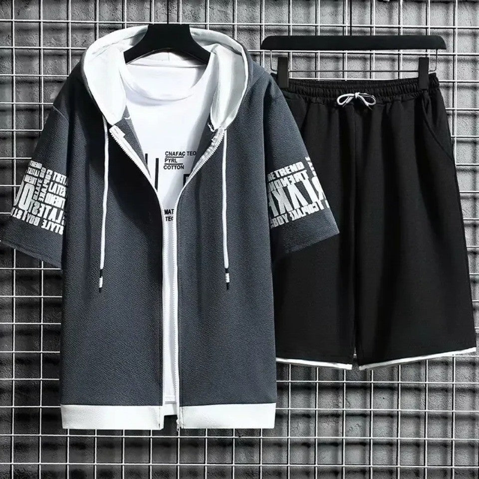 Summer Thin Men's Sports Suit 2-piece Set Casual Hooded Quick Dry Running Exercise Clothes Short Sleeve Shorts