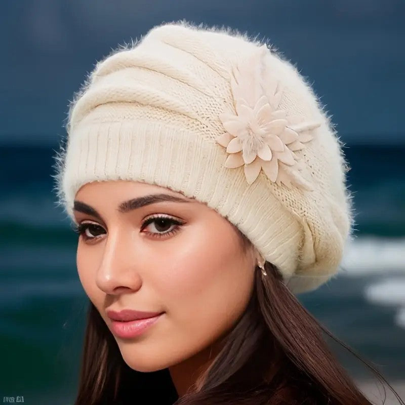 Women's Winter Flower Decorated Hat - Warm Knitted Wool Beanie with Floral Design, Soft Breathable Natural Material for Mom