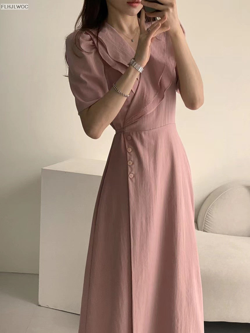 South Korea Chic Midi Dress Women Summer Japan Style Retro Vintage Design Ruffle