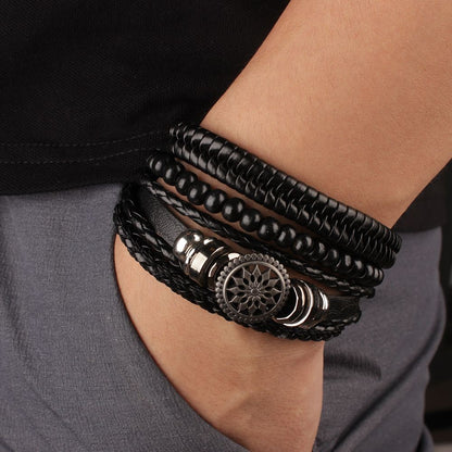 Conjunto de 4 Pulseiras Masculinas Trançadas de Couro com Fecho, Vintage Árvore da Vida Leme, Miçangas de Madeira, Étnicas Tribais, Bracelete de Corda