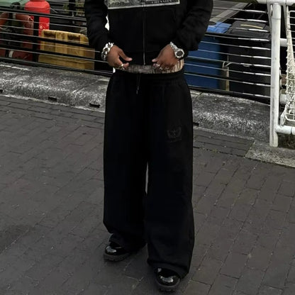 Y2K Casual Sweatpants Double Waist Checkered Camouflage Striped Side Splicing Wide Leg Pants American Style Trendy Streetwear