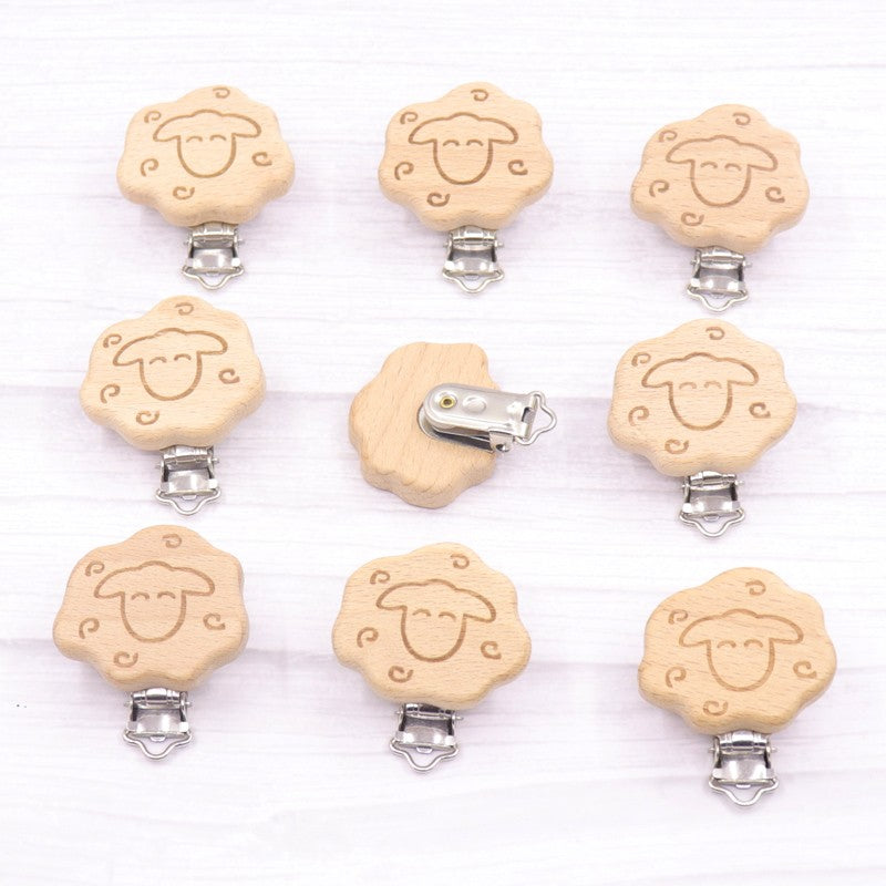 5pcs 30mm Laser Patern Metal Steel Round Beech Wood Clips Baby Teethers Toys Pacifier Chain Holder Making