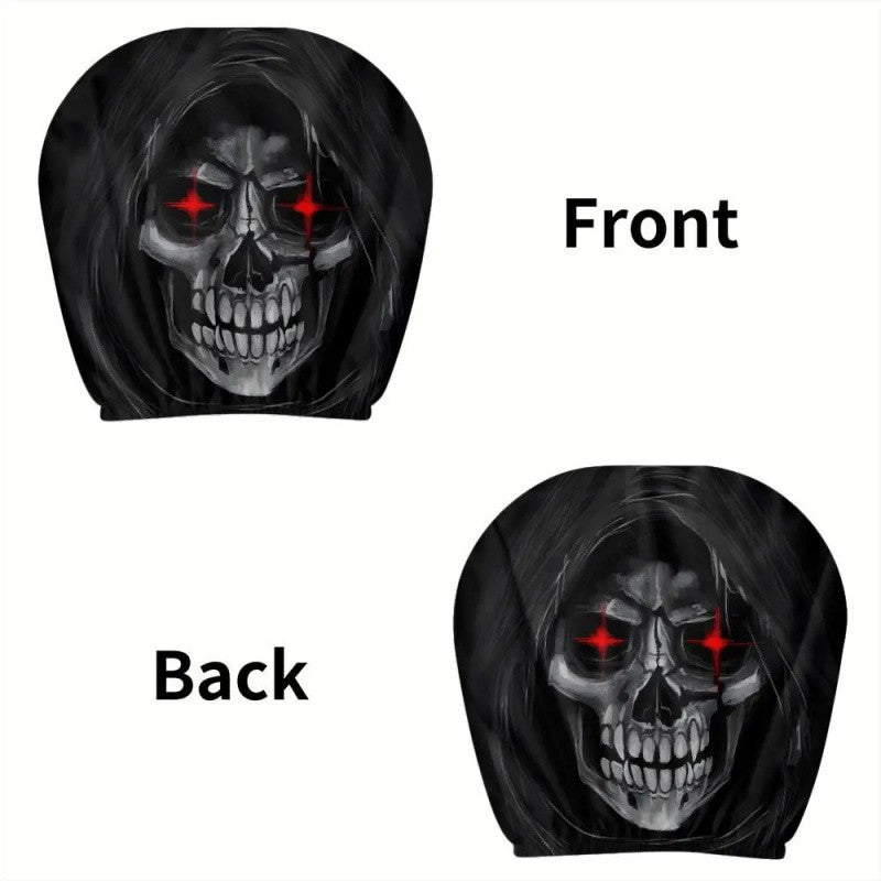 2Pcs Death Skull Flame Red Eye Print Car Headrest Cover Elastic Neck Support Auto Headrest Protector Easy Install Universal Car