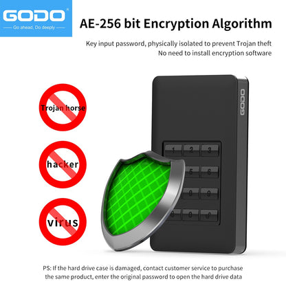 GODO M.2 MSATA Criptografia de hardware USB3.0 Criptografia de disco completo Instalação sem ferramentas com senha Caixa de disco rígido móvel 2,5" Sata