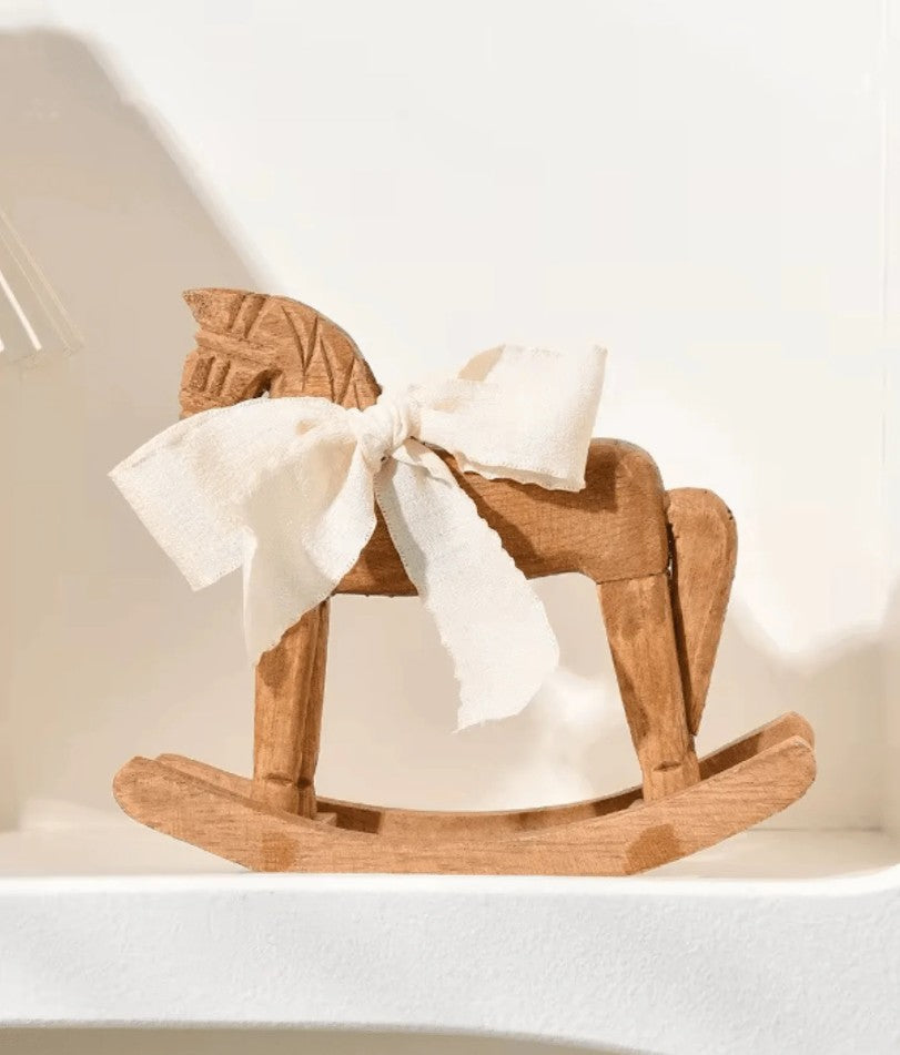 Heirloom Wooden Rocking Horse HandCarved Montessori Nursery Decor with Organic Cotton Bow FSC Oak Toy Non-Toxic Baby Shower Gift