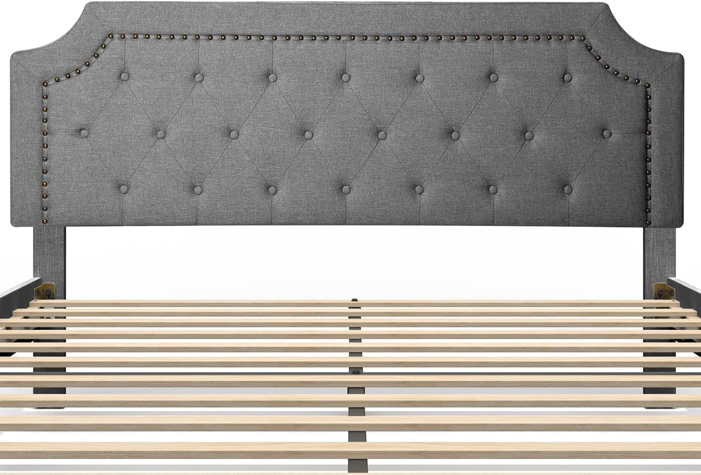 Full Size Grey Color Bed Frame Upholstered Low Profile Traditional Platform with Tufted and Nail Headboard/No Box Spring