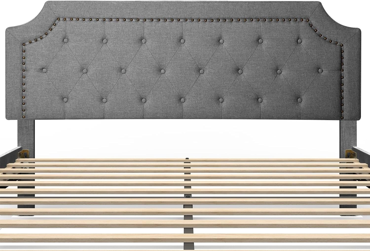Full Size Grey Color Bed Frame Upholstered Low Profile Traditional Platform with Tufted and Nail Headboard/No Box Spring