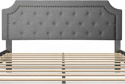 Full Size Grey Color Bed Frame Upholstered Low Profile Traditional Platform with Tufted and Nail Headboard/No Box Spring