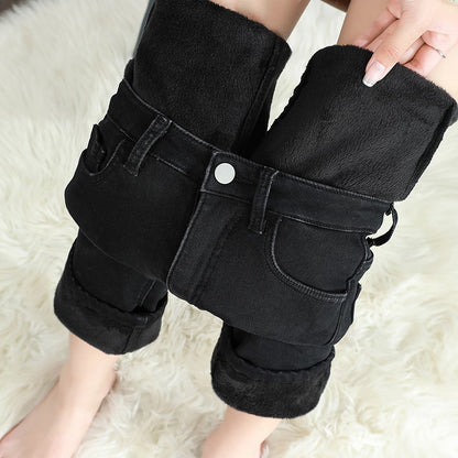 Women's Winter Fleece Warm Jeans Retro Elastic Thickened Comfortable Straight Fashion Korean Casual Female Velvet Denim Pants