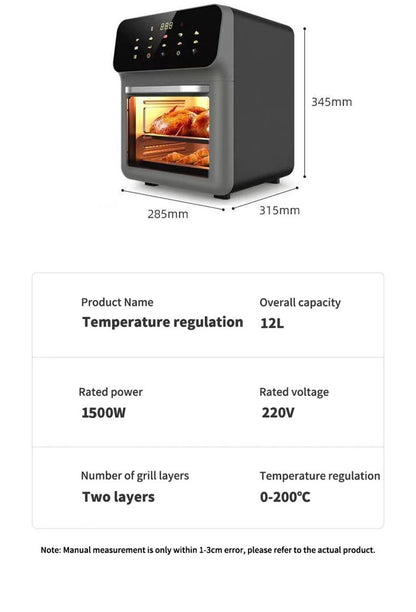 Fritadeira Elétrica de Ar 12L Forno de Convecção de Grande Capacidade Fritadeira Sem Óleo Cozinha 360° Cozedura Janela Visível Eletrodoméstico