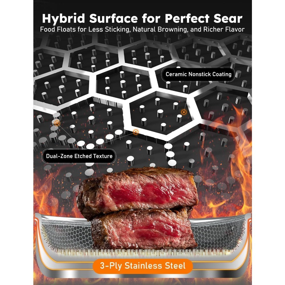 Pro 12 peças, conjunto de panelas e frigideiras de aço inoxidável híbrido 3 camadas, cerâmica de 2 camadas, para indução, para selar e fritar em alta temperatura
